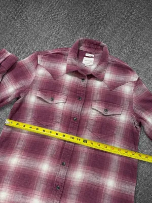 American Eagle Women’s Burgundy Cream Plaid Oversized Western Flannel Shirt thumbnail 6