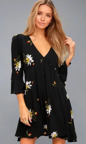 Free People Time on my side Mini Dress Black Floral‎ V-Neck Bell Sleeve Size M thumbnail 1