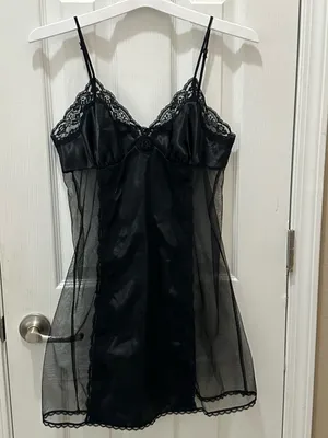 Vintage Fredericks of Hollywood black satin sheer mesh chemise slip dress size M thumbnail 11