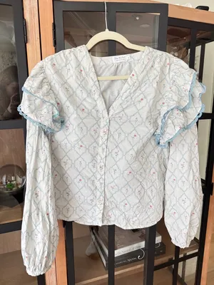Shop The Mint Rendezvous Medallion Blouse block print top ruffle floral lace thumbnail 2