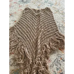Hazel Tan Crochet Fringed Poncho Open Knit Boho Festival Wrap One Size thumbnail 4