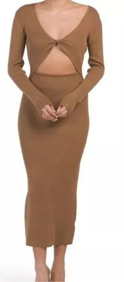 HOUSE OF HARLOW NWT Brown Twist Front Long Sleeve Ribbed Shimmer Dress Size M‎ thumbnail 1