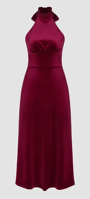 Burgundy Velvet Halter Bowknot Lace Up Maxi Dress: M/Size 6 thumbnail 1