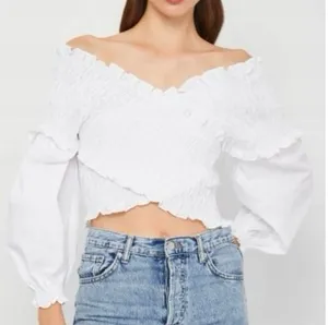 Zara White Smocked Off-Shoulder Wrap Crop Top thumbnail 1
