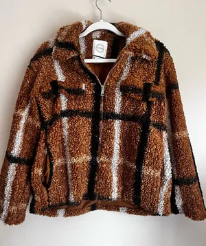 Stoosh Brown Plaid Teddy Sherpa Zip Jacket Size M thumbnail 1