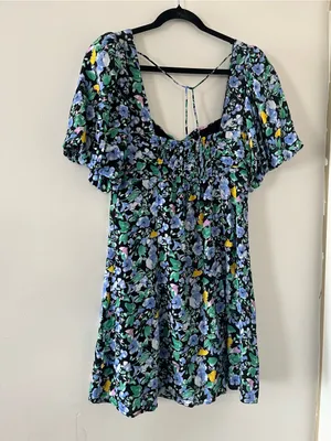 Blue Green Floral Puff Mini Dress Medium Romantic Cottagecore Summer Going Out thumbnail 7