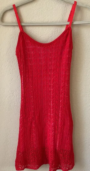 Source Unknown Red Crochet Knit Mini Dress XS S Pink Contrast Lining Strappy Summer Festival thumbnail 1