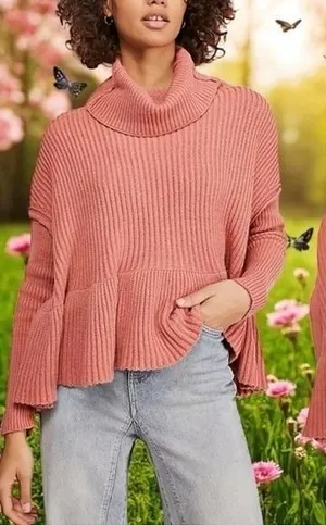 Free People Knit Cozy Pink Turtleneck Sweater Ruffle Cottagecore Feminine S thumbnail 1