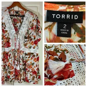 Torrid Cottagecore Babydoll Crochet Trim Top Women 2X Floral Lace Up Tassel Boho thumbnail 3