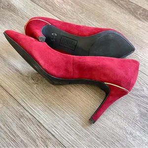 Jones New York Burgundy Suede Delta Heels Pumps Gold Trim Classy Sexy 7 Leather thumbnail 6