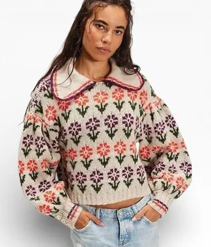 NWT Free People Alpaca Soft Frills Floral Softspun Sweater Prairie‎ Coquette NEW thumbnail 1