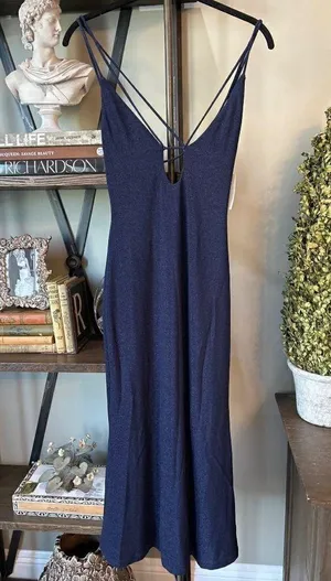 Misha Veronika Strappy Stretch Metallic Midi Dress Nightshade Blue Womens Size 4 thumbnail 6