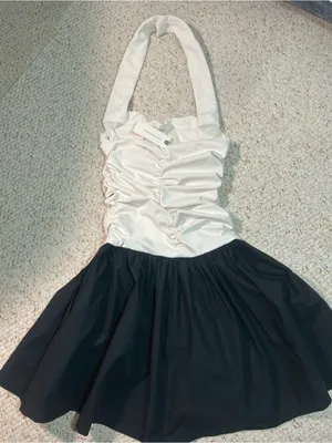 Anthropologie Two-Tone Ivory and Black Ruched Halter Mini Dress thumbnail 1