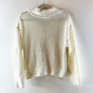Joie Long Sleeve Lace Up Collared Crochet Polo Sweater Cream White Small thumbnail 4