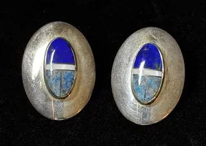 Vintage Southwestern Sterling Silver Lapis Inlay Oval Stud Earrings Boho Blue thumbnail 1