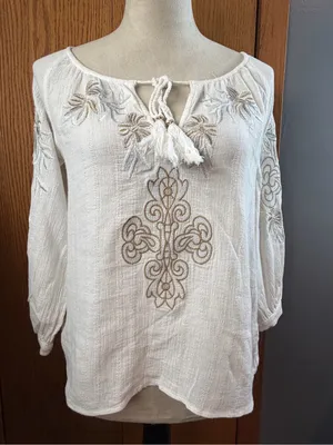 Kye Mi White Embroidered Cotton Peasant Blouse Tassel Top Size Small thumbnail 4