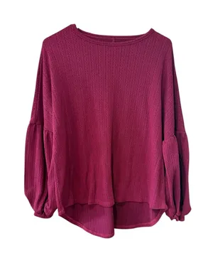 Women's Waffle Knit Balloon Sleeve Top - Berry thumbnail 1