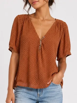 Johnny Was Brown Swiss Dot Boho Peasant Blouse L Ruffle V-Neck Top thumbnail 1