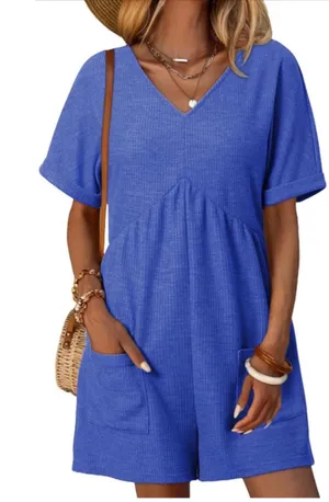 NEW Soft Casual Short Sleeve V Neck Zipper Short Romper M thumbnail 1
