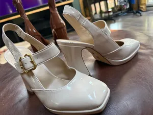 Sam Edelman Women’s Cream Patent Block Heel Slingback Pumps with Gold Buckle thumbnail 3