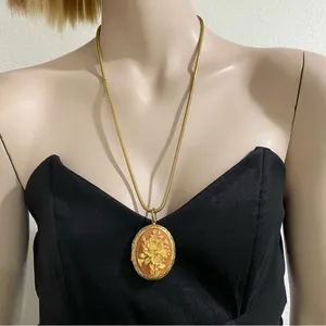 Vintage Flower Cameo Locket Pendant Gold-plated Round Snake Chain 24” Necklace thumbnail 2
