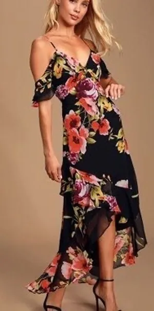 Lulus Love in Bloom Black Floral Print Off-the-Shoulder High-low Dress Size XS thumbnail 1