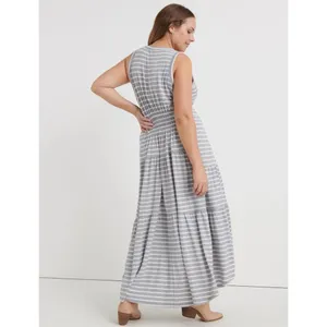 Lucky Brand Ruched Sleeveless Grey & White Stripe Maxi Dress Small #800 thumbnail 3
