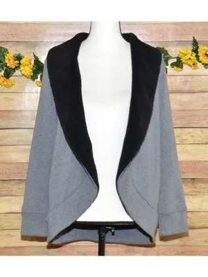 LL Bean Cardigan Jacket Womens M Gray Black Fleece Shawl Collar Open Front thumbnail 2