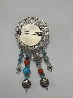 Vintage Turquoise& Coral Dangle Brooch — Silver-Tone Women’s Jewelry thumbnail 9