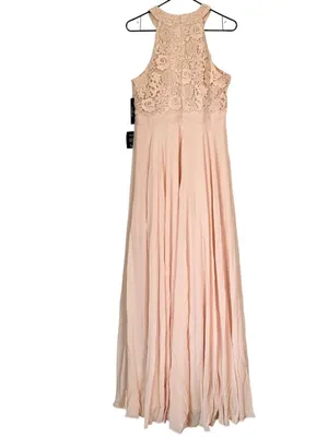 NWT Lulus Picture Perfect Blush Lace Halter Neck Side Slit Maxi Dress - Size: XL thumbnail 6