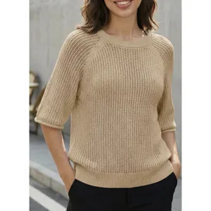 Saodimallsu Women's Short Sleeve Crew Neck Knit Pullover Sweater Khaki S thumbnail 2