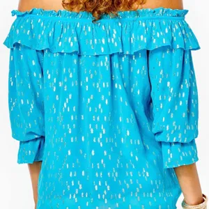 Lilly Pulitzer CeeCee Turquoise Oasis Metallic Off-Shoulder Blouse Shirt Top thumbnail 2