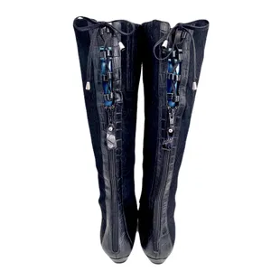 Migliorini Black Pony Hair Croc-Embossed Leather Corset-Back Boots, Size 7.5 thumbnail 6