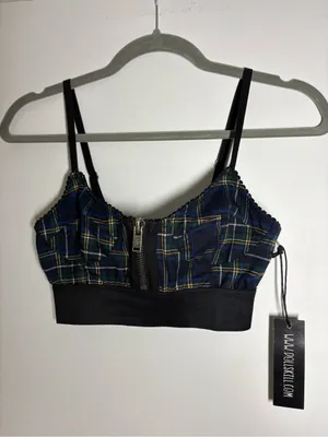 Current Mood Dolls Kill Navy Green Plaid Zip-Front Bralette top thumbnail 4
