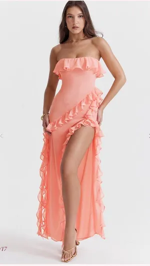 House of CB Sarina Peach Ruffle maxi Dress size large thumbnail 1