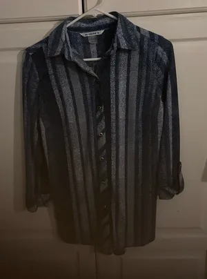Nygard blouse. Blue whites black striped. 2/3‎ sleeve blouse eves. Size XS thumbnail 1
