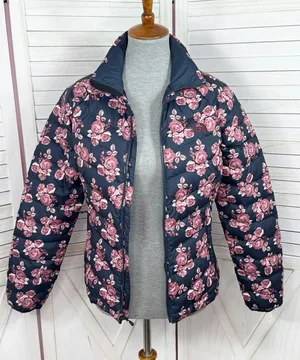 The North Face Flare Jacket Women Small Blue Pink Floral Down Puffer Coat Zip Up thumbnail 1