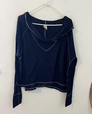 we the free blue waffle light weight wildcat cowl long sleeve cropped top thumbnail 1