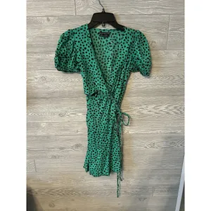 Urban Outfitters Green Black Polka Dot Mini Wrap Dress V-Neck‎ Short Sleeve XS thumbnail 2