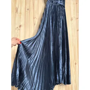 NWT Lulus Exceptional Drama Navy Blue Satin Lace-Up Pleated Maxi Dress Luxe Sz L thumbnail 5