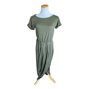 NWT Womens Qearal Ruched Army Green Short Sleeved Maxi Dress - Sz S thumbnail 2