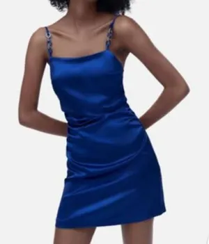 ZARA Satin Mini Slip Dress GORGEOUS COLOR Chain Straps Midnight Blue Size XS thumbnail 1