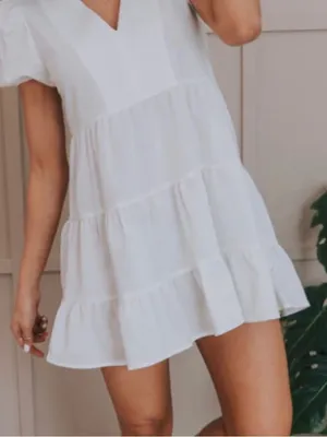 HYFVE Women's Off White Tiered V-Neck Short Sleeve Babydoll Dress Size Small thumbnail 2