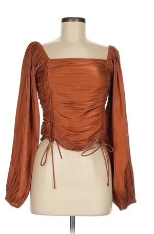 Line & Dot Rust Brown Ruched Square-Neck Long Sleeve Top thumbnail 1