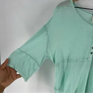 We The Free Sheer Aqua Mint‎ Green Linen Blend Relaxed Fit Dolman Henley Top thumbnail 3