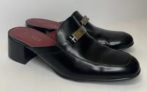 Vintage Lauren Ralph Lauren Black Leather Mule Loafers Heels 8.5B Brazil RLL thumbnail 1