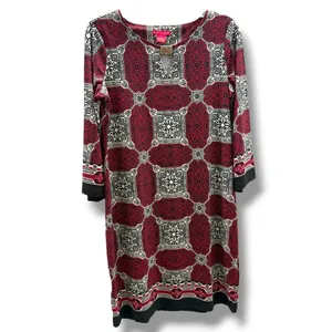 Sunny Leigh Red Black Medallion Print Shift Dress Gold Hardware 3/4 Sleeve Small thumbnail 3