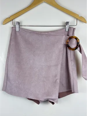 Suede Wrap Skort Tortoise Buckle Y2K Mini Shorts Zara XS Taupe Mauve thumbnail 2