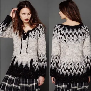 Free People Womens Love‎ Bug Nordic Fair Isle Lace Up Sweater Size L Lodgecore thumbnail 2