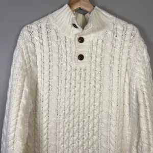 Cable-Knit Ivory‎ Mockneck Cotton Blend Fisherman Sweater Size M Neutral Minimal thumbnail 2